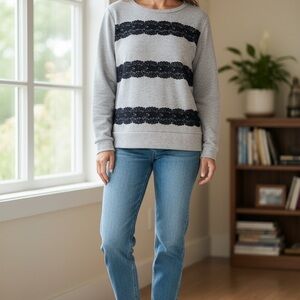 St. John's Bay Soft Elegant Sweatshirt Gray with Black Lace Women's Size Large